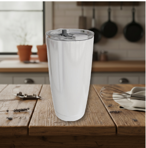 White blender bottle on a wooden kitchen island, with a lid and a blurred countertop background