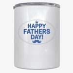 White cylindrical tin with a blue 'Happy Fathers Day!' message, crown and mustache graphic.