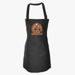 Black kitchen apron with an orange graphic of a dad grilling and the caption 'Dad is my superhero'.
