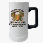 Father's Day mug with beer graphic and text: "Best Dad, Best Beer" and "Happy Father's Day" phrase on white background