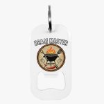 White bottle opener featuring a circular barbecue logo with flames and grill tools, and the text 'BRAIN MASTER' above.