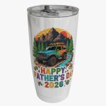 White insulated tumbler featuring a colorful